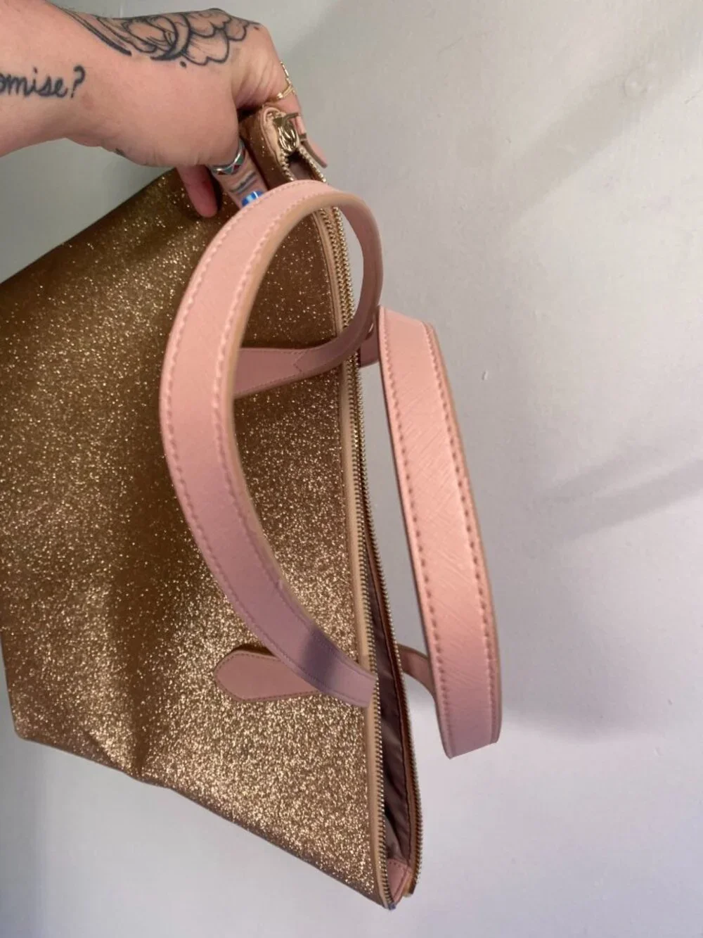 Kate Spade New York Rose Pink Glitter Tote With Pink Handles Rose Gold